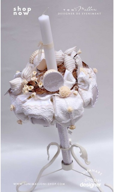 Lumanare de botez cu dantela crem si flori natur uscate Lacy Bloom 3